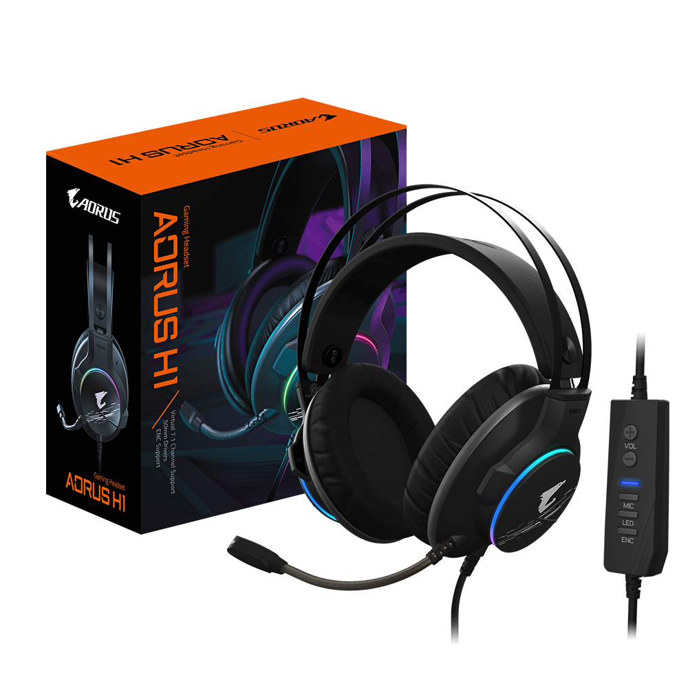 GIGABYTE AORUS H1 Gaming Headset, Virtual 7.1 Channel, 50mm Drivers, RGB, In-Line Audio Controls, ENC Microphone,