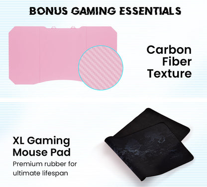 OVERDRIVE Gaming PC Desk Carbon Fiber Style, Pink and Black, with Headset Holder, Gaming Mouse Pad