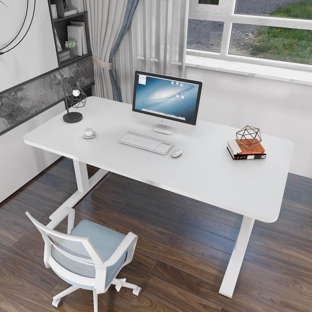 140cm Standing Desk Height Adjustable Sit Stand Motorised White Dual Motors Frame Maple Top