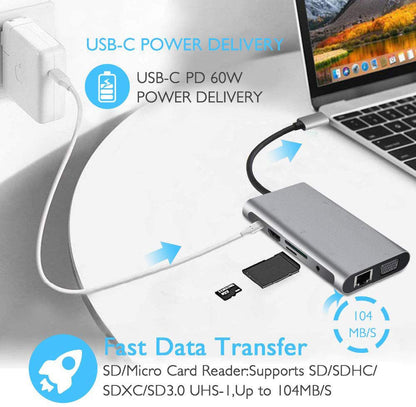 USB HUB C 10 in 1 Type C Adapter Dock 3 USB 3.0 Port 4K HDMI 1080P VGA RJ45 Ethernet