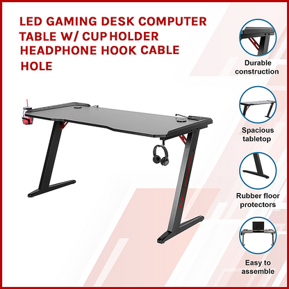 LED Gaming Desk Computer Table with Cup Holder Headphone Hook Cable Hole