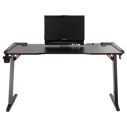 LED Gaming Desk Computer Table with Cup Holder Headphone Hook Cable Hole